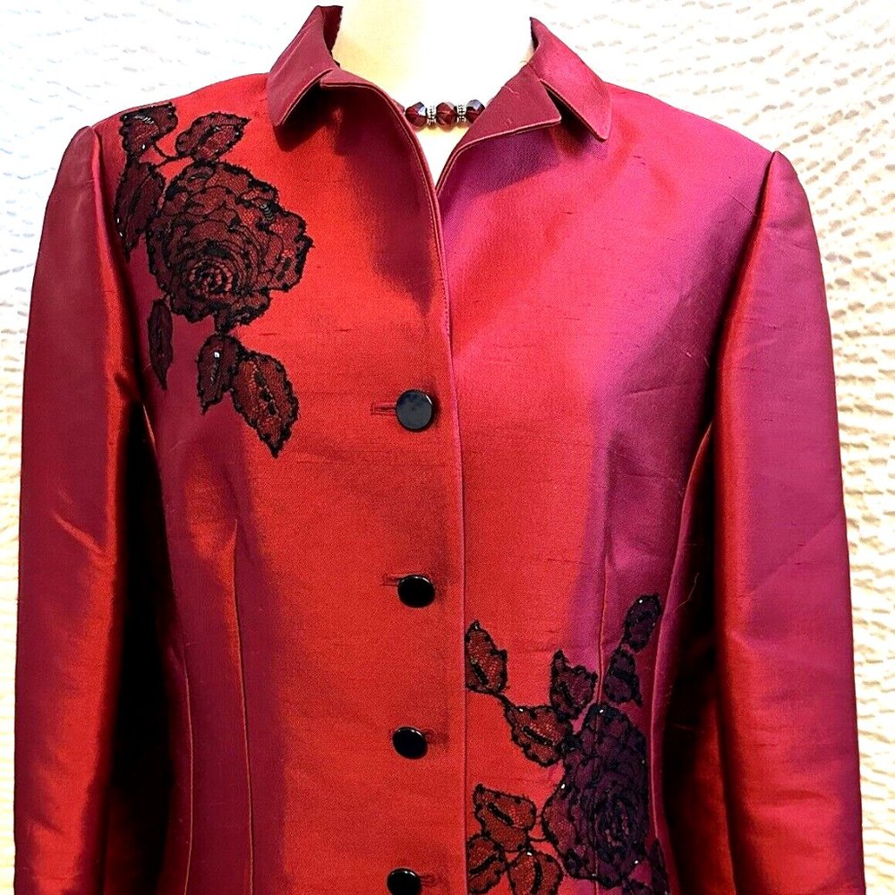 Rickie Freeman for Teri Jon Black lace Trim Red Silk Jacket size 14